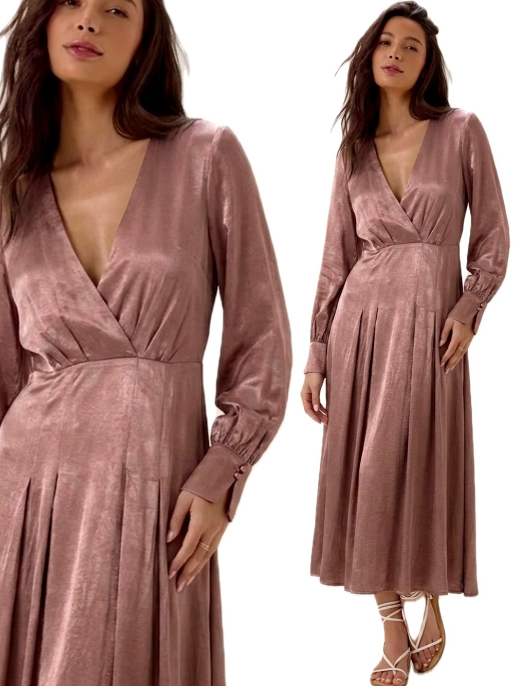 H&M Satin Long Sleeve Midi Dress Size Small Rose Pleated V-Neck Faux Wrap Front